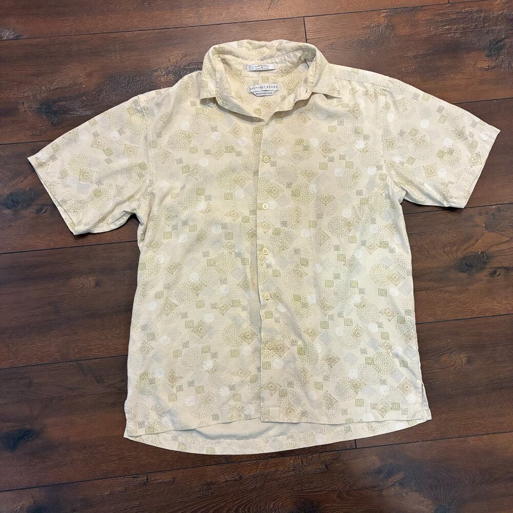 Geoffrey Beene 100% Silk Short Sleeve Button Up Men's Vacation Tropical Beige, M